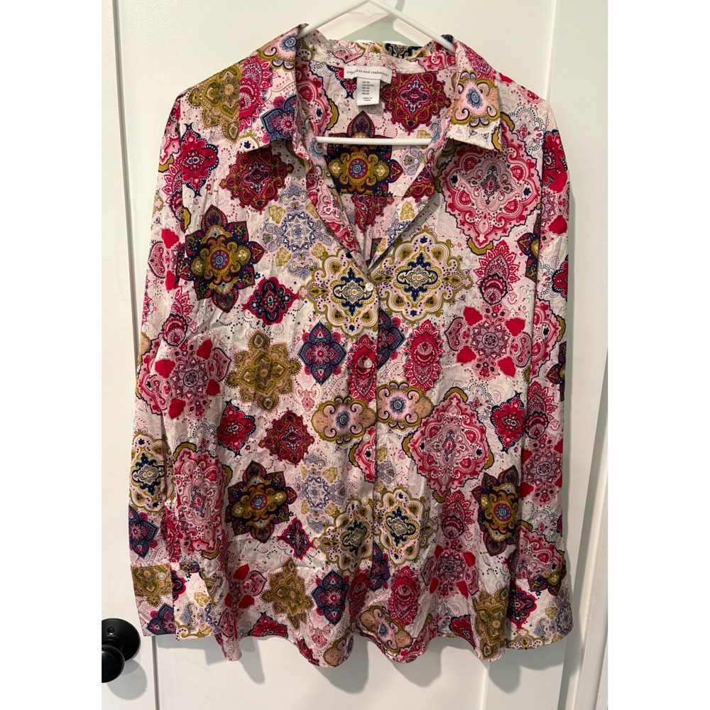Cupcakes and Cashmere Paisley Medallion Button Down Blouse XL Pink Multi Color